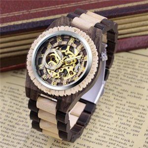 Men's Wooden Watch Skeleton Automatic Movement Wood Watch Self-Winding Watches